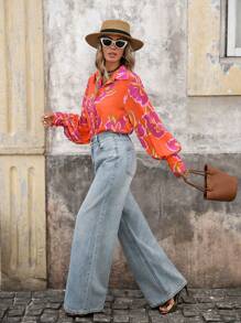 Brillora Floral Print Lantern Sleeve Shirt