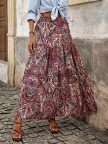 Brillora Paisley Print Ruffle Hem Skirt Without Belt