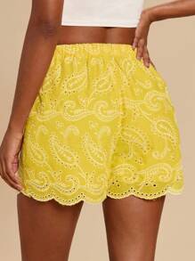 Travachic Summer Casual Wear For Holiday Dates, Stretch Waistband With Wave Edges And Bohemian-Style Peiris Pattern At The Hem, With Textured Floral Embroidery, Women's Short Pants For Vacation, Summer Beach Wear For School, Very Simple, Women's Country Clothing, Office Wear, Old Money Wear, Teacher Wear, Date Wear, Graduation Season, Cream-Colored Pants, Casual Wear For Wedding Season Sister Afternoon Tea Gatherings And Festival Occasions