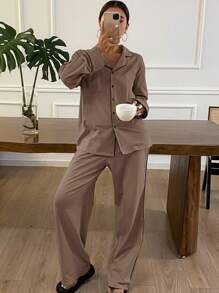 Livesso Conjunto de pijama con diseño simple y ribete de contraste, ropa de otoño e invierno - Café integral - Ver 3