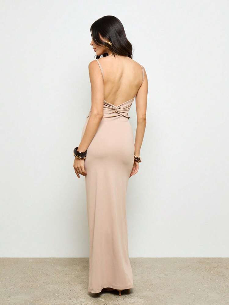Elegant Slinky Open Back Long Maxi Dress With Twist Detail