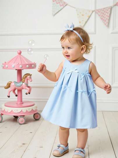 Souflis Souflis 女孩休闲可爱多系蝴蝶结无袖编织粉色连衣裙，韩版夏季