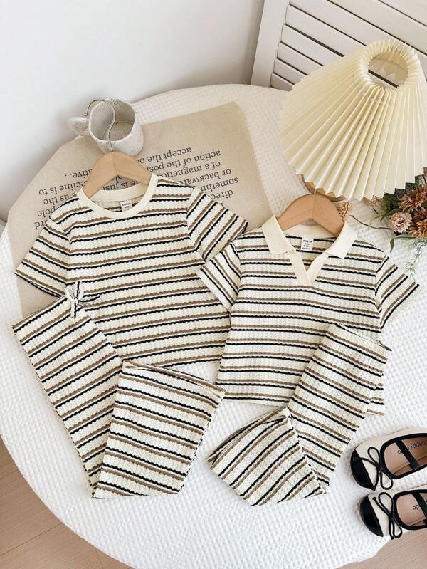 LMoss Kids Set van 2 gebreide gestreepte poloshirts voor babymeisjes en een getailleerde casual broek