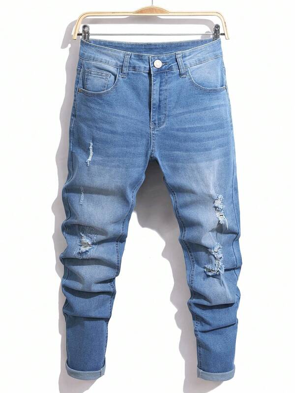 Manfinity Homme Men's Street Style Ripped Slim Fit Pockets Denim Jeans