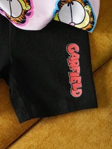 GARFIELD | SHEIN Bộ 2 áo phông in hình mèo hoạt hình dễ thương đáng yêu cho bé gái màu hồng và quần legging in chữ màu đen, phù hợp cho mùa xuân/hè, thể thao thường ngày và ngoài trời - Màu Hồng baby - Xem 5