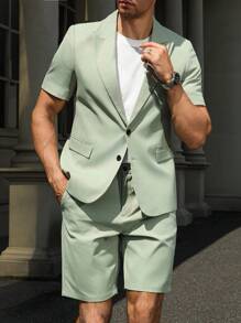 Manfinity Mode Plus Size Men Solid Color Casual Blazer & Shorts Set - Green - View 1