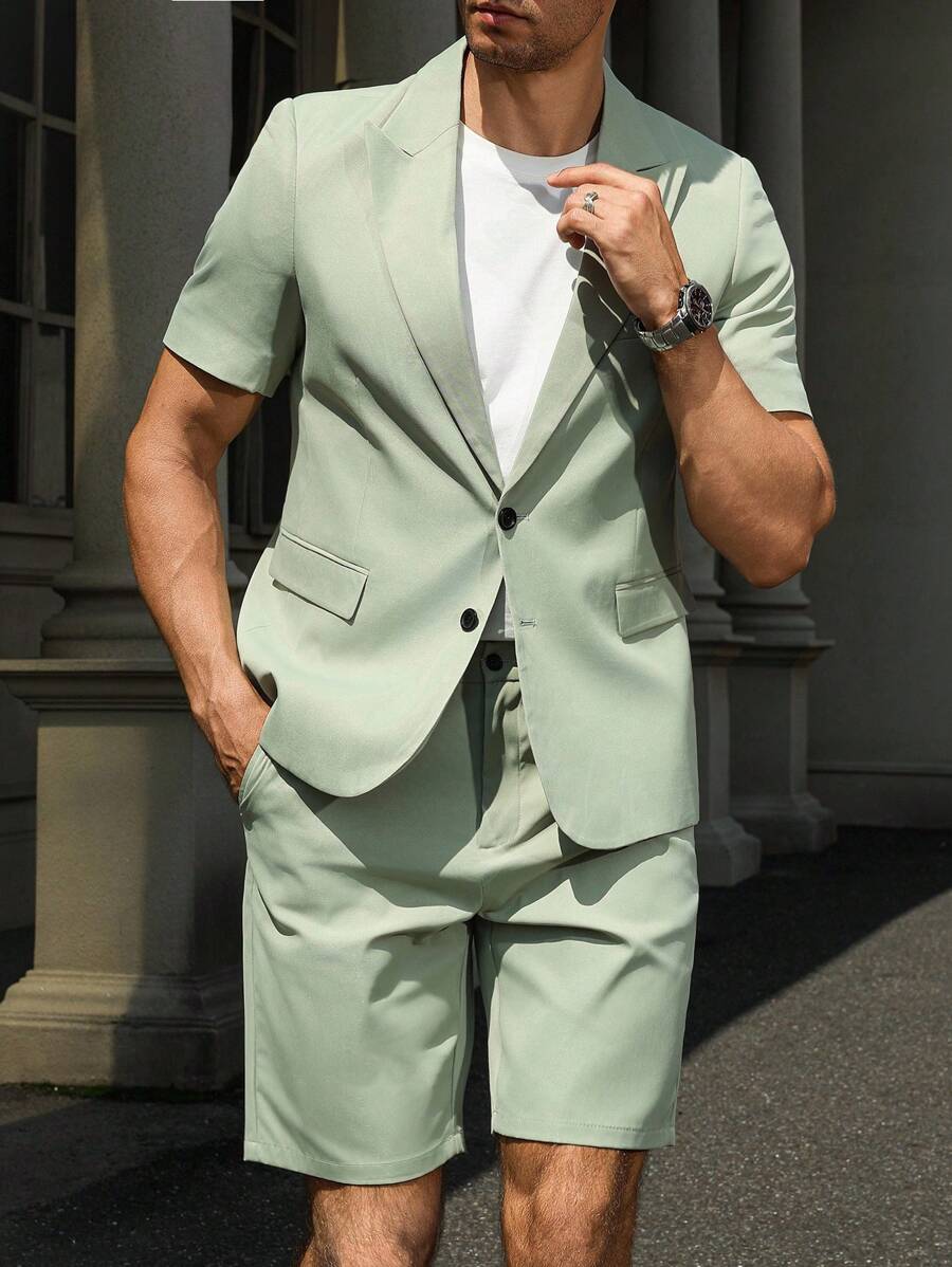Manfinity Mode Plus Size Men Solid Color Casual Blazer & Shorts Set - Green - View 1