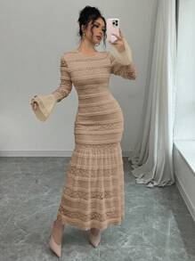 Rafferiza Women's Solid Color Mesh Patchwork Slim Fit Elegant Long Sleeve Dress Fall Cloth For Women - Khaki - View 6