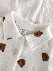 SHEIN Vintaside Kids 2pcs Baby Boy Cartoon Bear Print Short Sleeve Single-Breasted Top And Shorts Casual Outfit Set - White - View 5