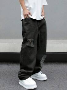 Manfinity EMRG 大码男士都市街头休闲宽松黑色破洞牛仔裤男士宽松直筒休闲裤