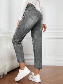 EMERY ROSE Women's Front Button Pocket Distressed Simple Casual Denim Jeans - Grey - View 2