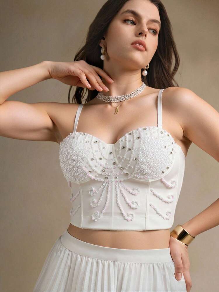 Black Lace Beaded & Sequin Cropped Bustier Top Plus Size