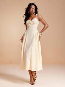 VALERIA GALIPOLI Seersucker Fabric Beaded Strpas Ruching Puss Madi Dress Women Summer Party Elegant Going Out Cream Dresses For Women Midi Dress Tea Length Dress Corset Dress Ankle Length Dress - Yellow - View 4
