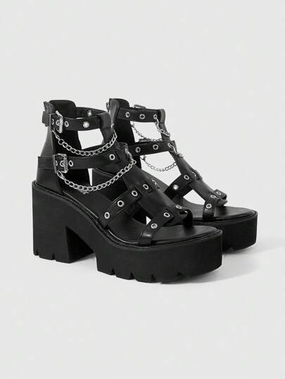Grunge Punk Women's Black Platform Sandals, Thick Chunky Heel, Open Toe, Ankle Strap With Rear Zipper Roman Shoes, Durable Rubber Sole, Multi-Season Casual Shoes