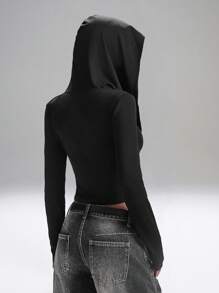 LYSMO Fashionable Solid Color Draped Neck Cropped Hoodie - Black - View 2