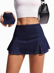 Flexra Women's Pleated High Waist Short Casual Denim Mini Skirt - Dark Wash - View 4