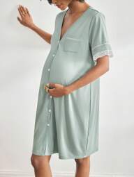 BloomMama Camicia da notte premaman a maniche corte per l'allattamento con pizzo e bottoni, vestito elegante da camera da letto, pigiama, camicia da notte