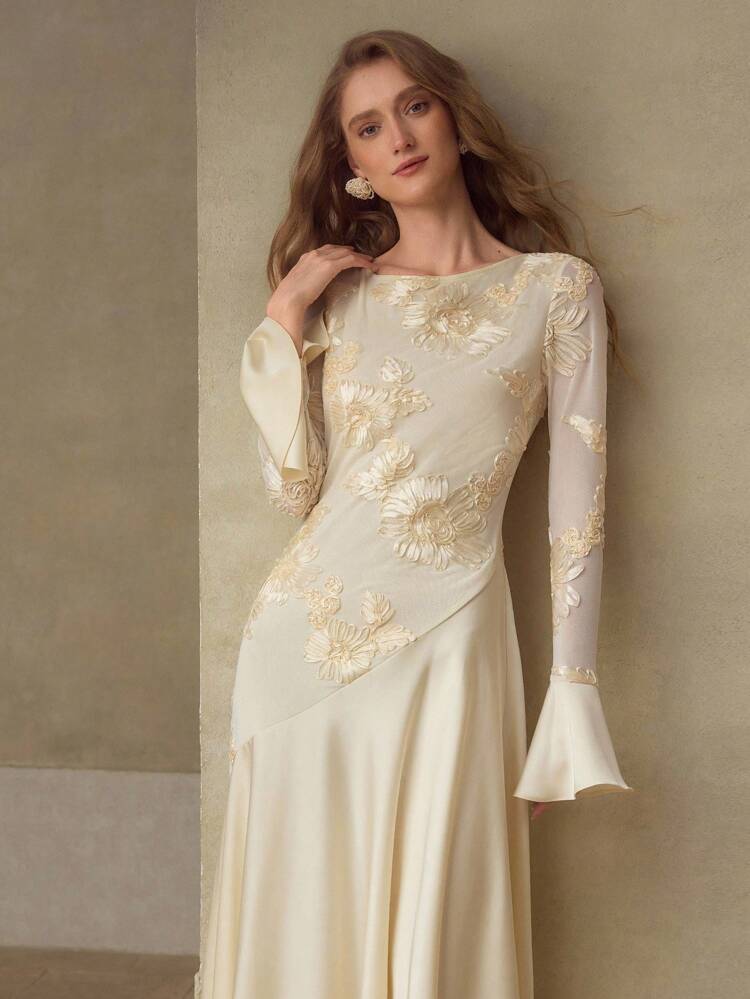 WOMEN ELASTIC MESH EMBROIDERY PATCHWORK FLARE SLEEVE LONG DRESS