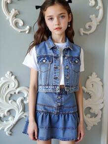 Mädchen Y2K Streetwear Stil Lässige vielseitige Denim Weste und Mini-Rock 2-teiliges Set, angenehm weiches Material, perfekt für tägliche Unternehmungen, Neuerscheinungen Frühling/Sommer 2025 - Mittele Waschung - Übersicht 1