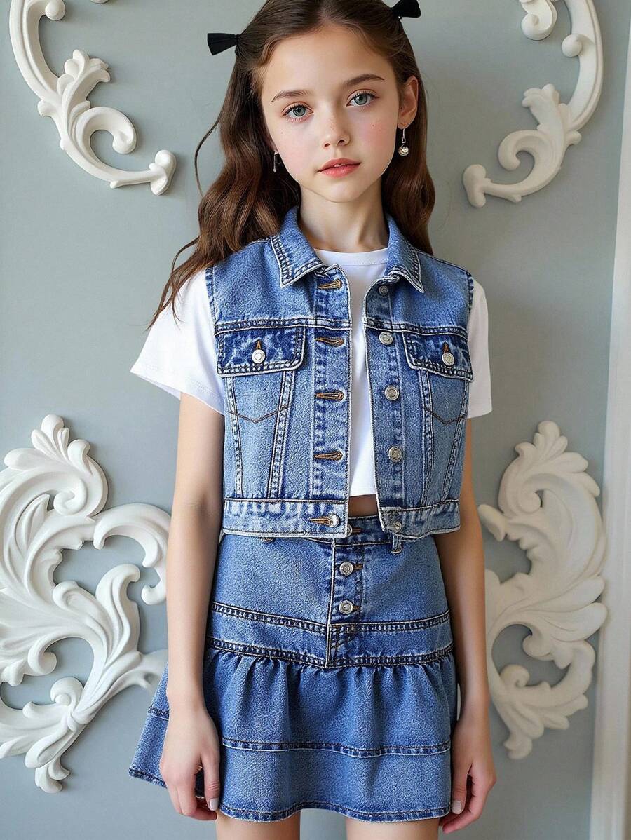 Mädchen Y2K Streetwear Stil Lässige vielseitige Denim Weste und Mini-Rock 2-teiliges Set, angenehm weiches Material, perfekt für tägliche Unternehmungen, Neuerscheinungen Frühling/Sommer 2025 - Mittele Waschung - Übersicht 1