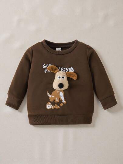 SHEIN Playful Pals 男婴可爱小狗造型圆领运动衫，秋冬款