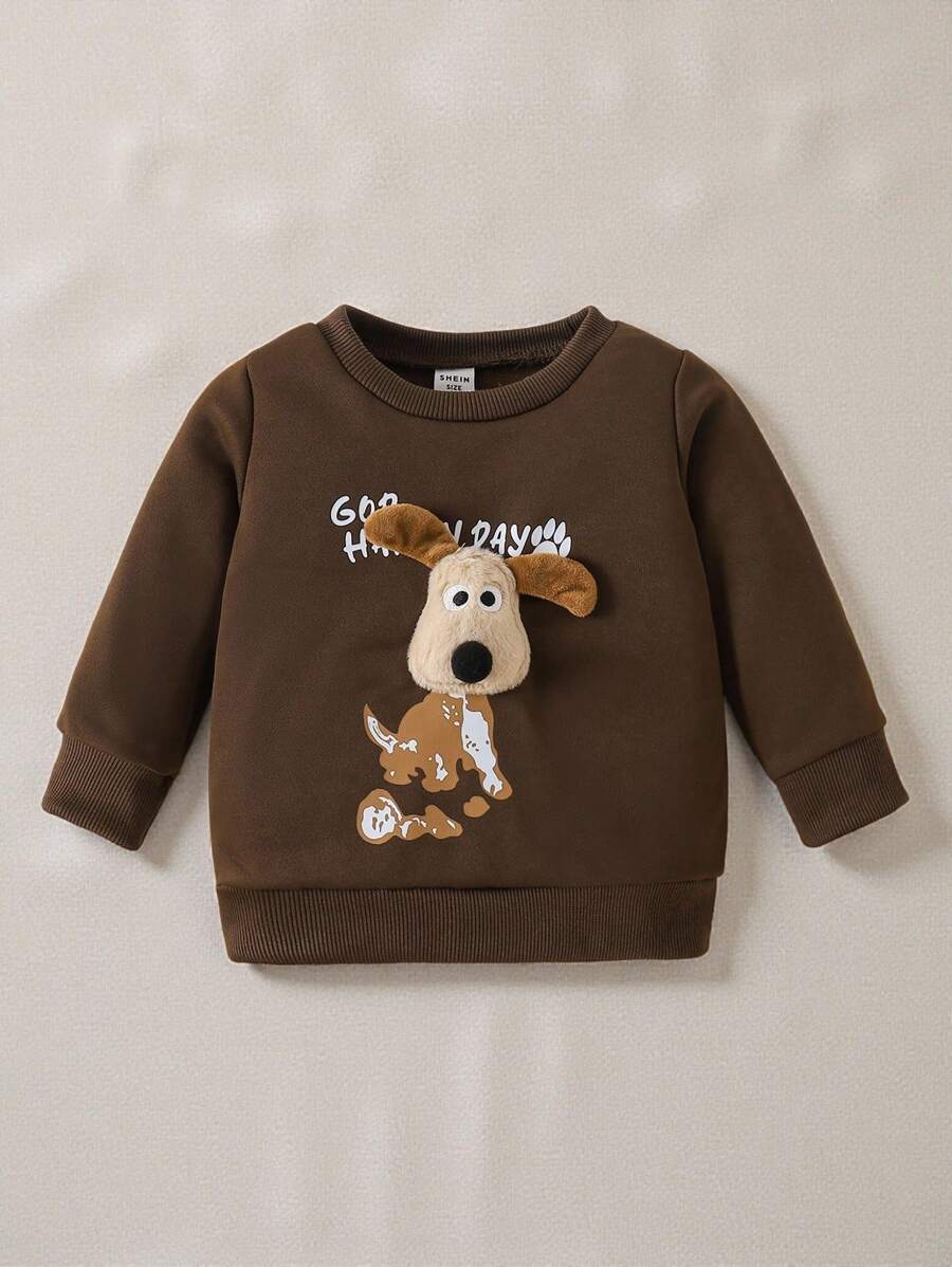 SHEIN Playful Pals 男婴可爱小狗造型圆领运动衫，秋冬款