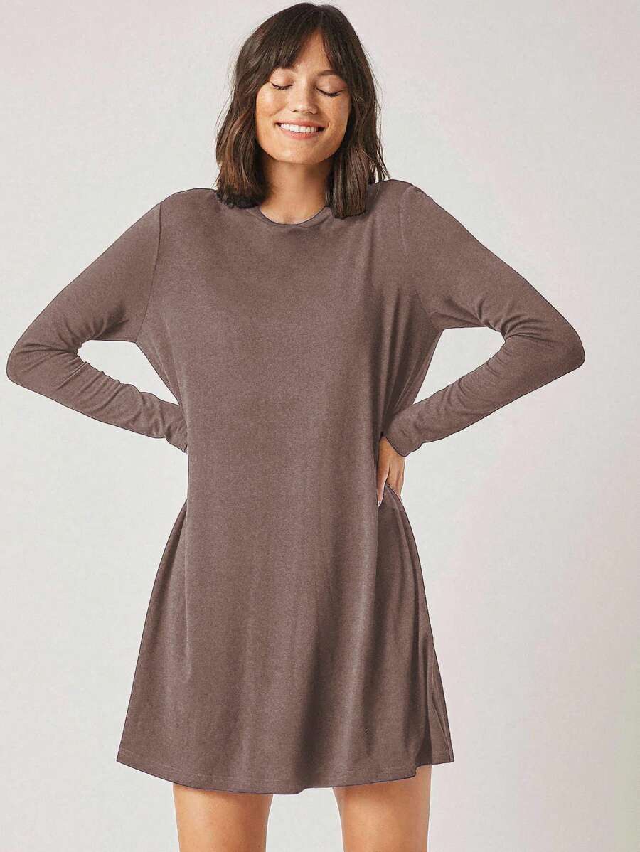 EURMUSE Women Casual Solid Color Round Neck Long Sleeve Short T-Shirt Dress - Chocolate Brown - View 1