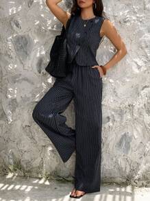 Livesso Women's Striped Crew Neck Sleeveless Top & Loose Casual Wide Leg Pant Set