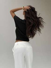 Aloruh Metallic Thread Elegant Commuter Knit T-Shirt Top - Black - View 2