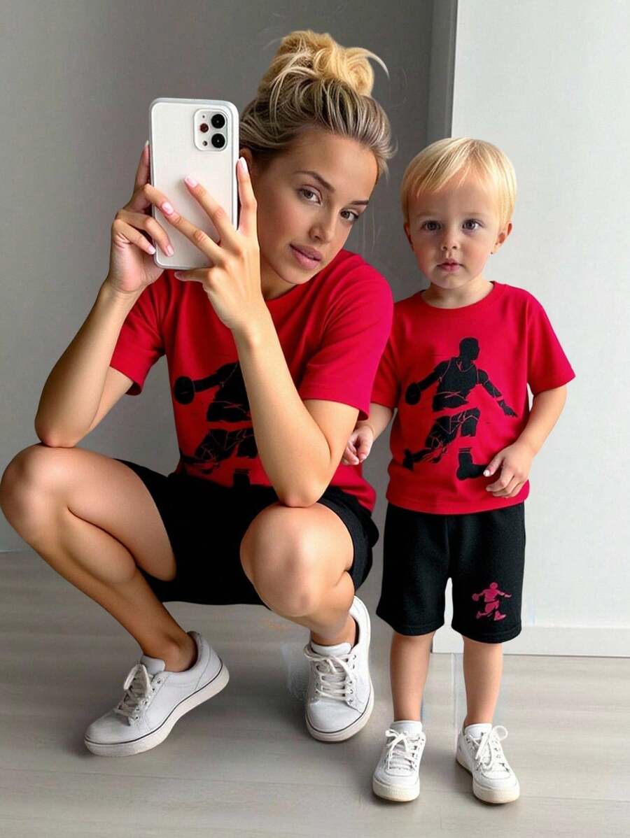 SHEIN 2pcs/Set Toddler Boys Red & Black Cartoon Figures Print Round Neck Pullover Top With Drawstring Waistband Shorts,Summer Casual Beach Sports Outfits - Multicolor - View 1