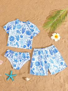 Girls' Marine Life Print Tankini Swimsuit Set, Sibling Matching Outfits (2pcs Sold Separately) Kids Beach Wear Kids Resort Wear Kids Vacation Clothes Tween Beach Wear Girls Beachwear - Multicolor - View 3