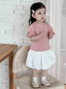 Dazy Kids Kleinkind Mädchen Rundhals Kontrast Farbige Puffärmel Midi Sommer Lässig Kleid