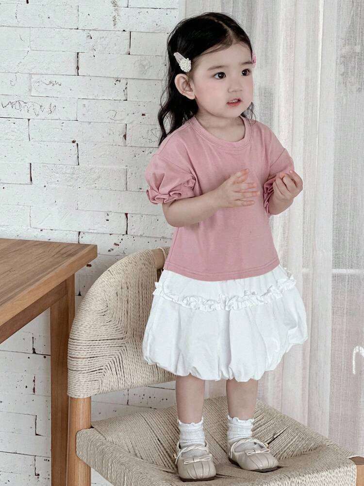 Toddler Girls' Crew Neck Contrast Color Puff Sleeve Midi Summer Casual Dress