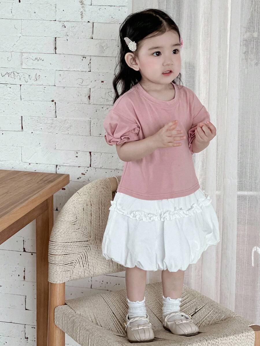 Dazy Kids Kleinkind Mädchen Rundhals Kontrast Farbige Puffärmel Midi Sommer Lässig Kleid