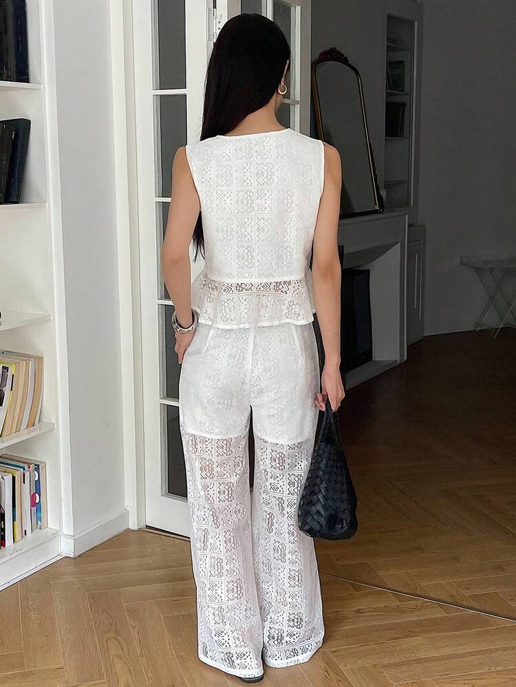 Women's 2 Pieces Set - Hollow Lace Round Neck Sleeveless Vest And Wide Leg Pants, Elegant Holiday Outfit
