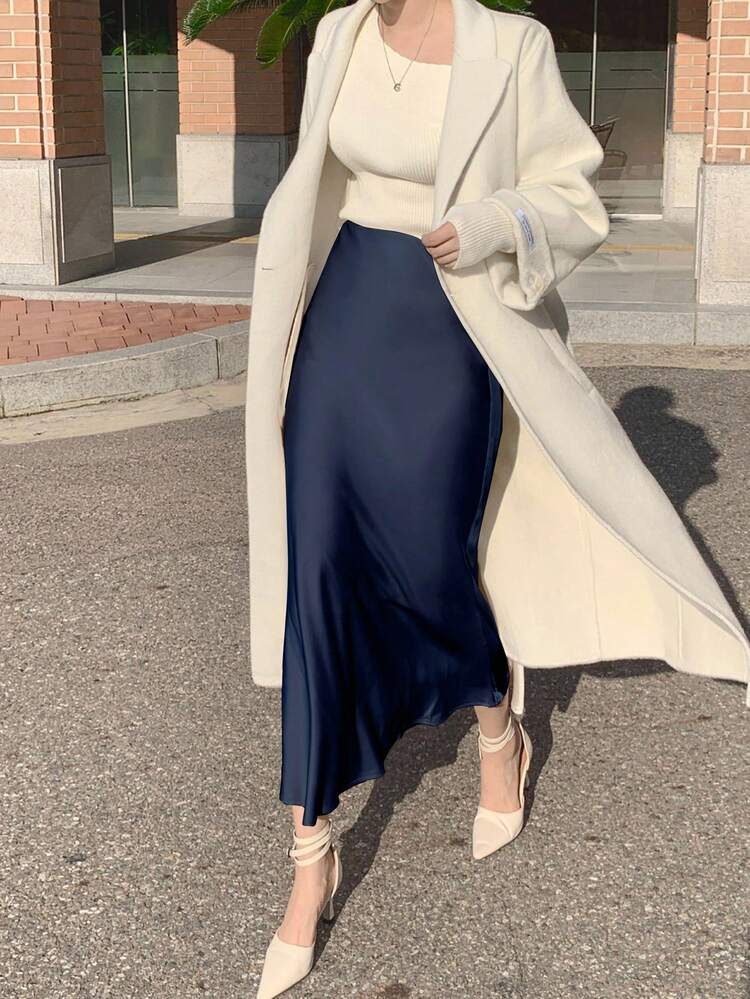 Women's Fitted Solid Color Satin Fishtail Skirt, Spring/Summer Elegant Skirt