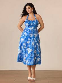 SHEIN MOD Plus Size Women Blue & White Halter Dress,Halter Neck Straps, Sexy Beach Dress,Garden Party Dress,Waist-Hugging Sundress,Suitable For Holiday, Picnic, Beach, Date, Casual Wear,Valentines Clothes,Vacation Outfits Woman,Summer Outfits For Women,Beach Outfits For Wom