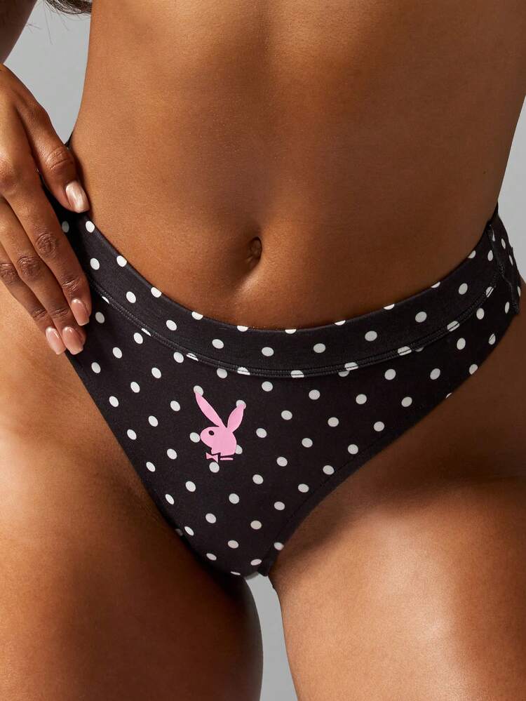 Missguided x Playboy Conjunto de sujetador y pantie de corte alto con estampado de lunares y logotipo de conejo, ropa de playa y resort, apto para todo el año