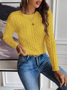 EMERY ROSE Women Drop Shoulder Round Neck Casual Cable Sweater Knit Pullover Fall Winter - Yellow - View 3