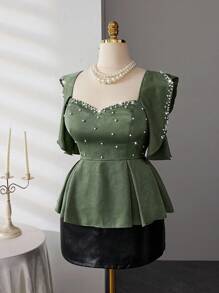 SHEIN Clasi Áo cánh đính kim cương và ngọc trai sang trọng, cổ bẻ, tay loe, eo nhún, thanh lịch, lãng mạn, dự tiệc cỡ lớn cho nữ - xanh quân đội - Xem 1