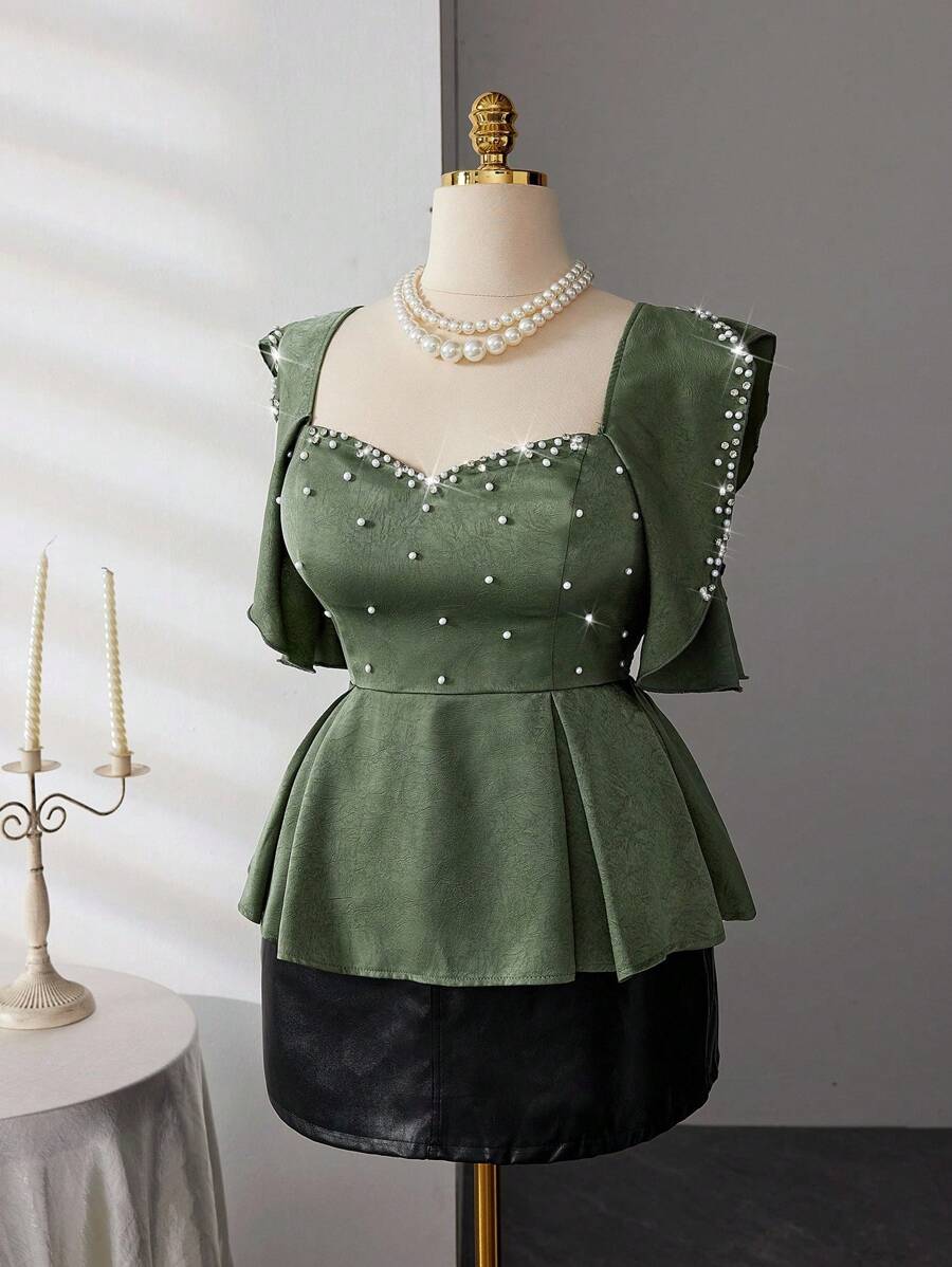 SHEIN Clasi Áo cánh đính kim cương và ngọc trai sang trọng, cổ bẻ, tay loe, eo nhún, thanh lịch, lãng mạn, dự tiệc cỡ lớn cho nữ - xanh quân đội - Xem 1