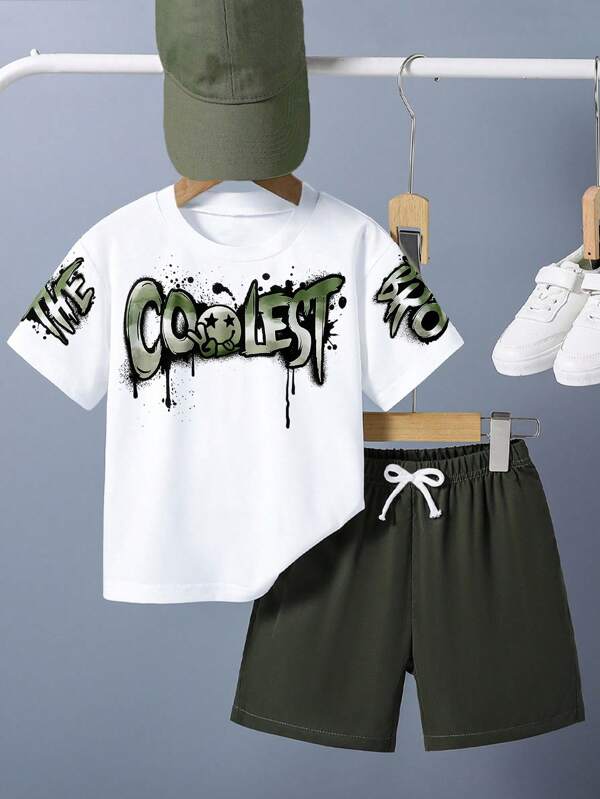 2pcs Young Boys"The Coolest Bro" Graffiti Print Crew Neck Short Sleeve White T-Shirt And Military Green Shorts Set