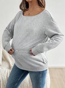 SHEIN 孕妇休闲可爱卡通图案拉链细节运动衫，适合日常穿着 - 灰色 - 查看 13