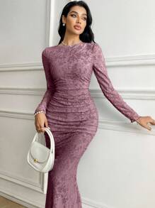 Veilorie Women's Round Neck Long Sleeve Jacquard Ruched Slim Elegant Dress - Purple - View 6