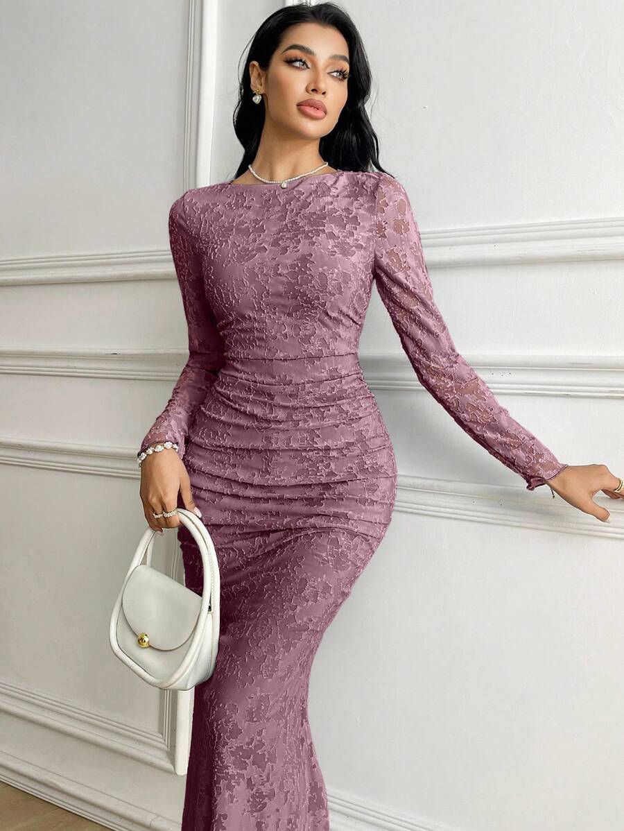 Veilorie Women's Round Neck Long Sleeve Jacquard Ruched Slim Elegant Dress