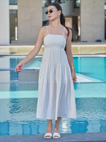 Andrea Bello 浅杏色纹理面料褶皱抹胸宽腰细肩带连衣裙，轻松度假风格 - 杏色 - 查看 4