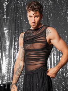 FeverCity 男士性感网纱上衣，褶皱设计，紧身款 - 黑色 - 查看 4