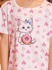 SHEIN Conjunto de 2 piezas de pijama para niñas (talla pequeña) con estampado de gatito y dona en forma de corazón