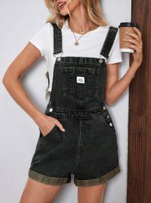 EMERY ROSE Women's Letter Printed Pocket Casual Loose Denim Bib Overall Shorts - Dark Wash - View 6