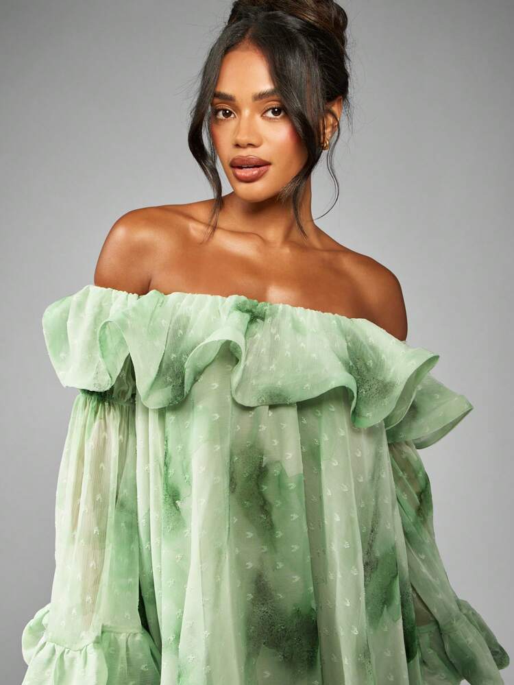 MISSGUIDED Long Sleeve Off Shoulder Mini Swing Dress With Ruffles Flowy Tulle Wedding Reception Occasion Evening Party Dress